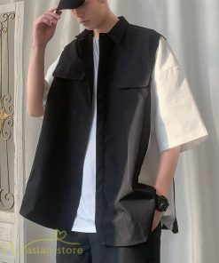 シャツ | ライトアウター メンズ ワイドカジュアル 切り替え トップス ゆったり 5分袖 韓国風 カッコウイイ ゆる夏コーデ オーバーサイズ 大きいサイズ