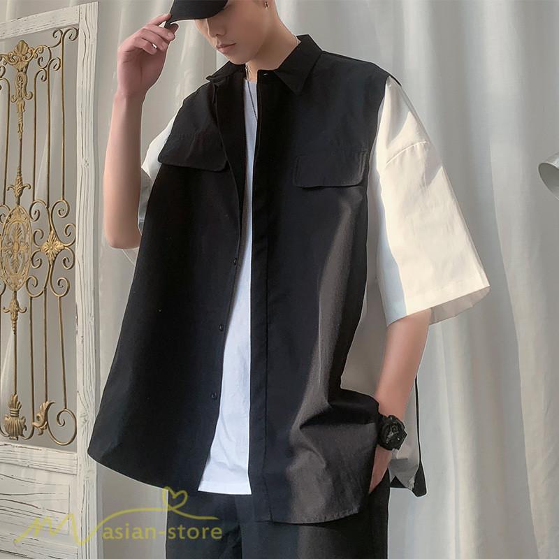 シャツ | ライトアウター メンズ ワイドカジュアル 切り替え トップス ゆったり 5分袖 韓国風 カッコウイイ ゆる夏コーデ オーバーサイズ 大きいサイズ