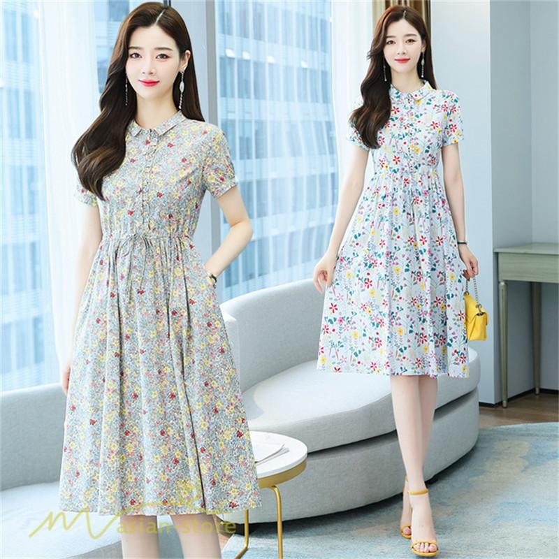ミディアム | ワンピース レディース 花柄 サマーワンピース 半袖 シャツワンピース 夏 30代 40代 きれいめ プリント おしゃれ 膝丈 ミディアムワンピース 大きいサイズ