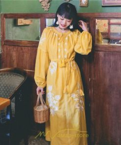 マキシ | ロングワンピース ワンピース エスニック コットンリネン 綿麻 花柄 リゾート 長袖 カジュアル 大人 夏秋 きれいめ 秋新作 スリット 体型カバー ゆったり