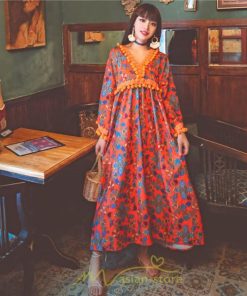 マキシ | ワンピース 長袖 ゆったり 夏秋 レディース 個性的 マキシ丈 楽ちん 体型カバー エスニック 着痩せ 赤 青 オレンジ レトロ 高品質 民族風 20代30代40代 旅行 海