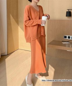 セットアップ | ニットレディース ニットカーディガン ニットスカート ウエストゴム 羽織りニット ダメージ加工 秋冬 長袖 ミモレ丈 無地