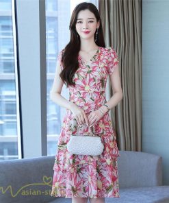 ミディアム | ワンピース レディース Vネック 半袖 花柄 おしゃれ Aライン ミディアムワンピース 着やせ エレガント 大きいサイズ 上品 膝丈 20代 30代 大人 40代