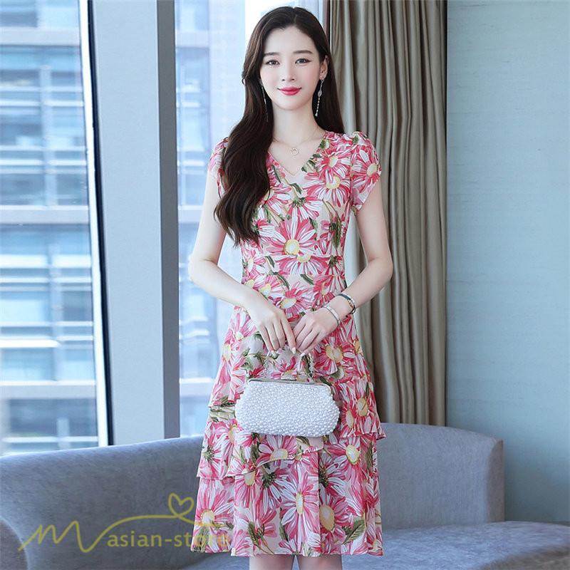 ミディアム | ワンピース レディース Vネック 半袖 花柄 おしゃれ Aライン ミディアムワンピース 着やせ エレガント 大きいサイズ 上品 膝丈 20代 30代 大人 40代