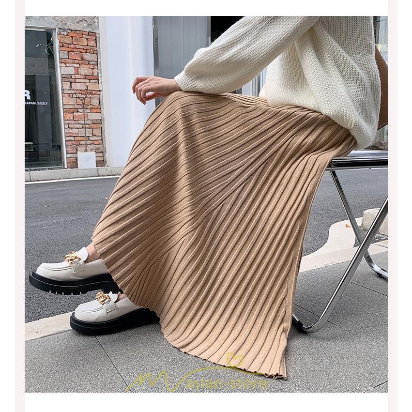 スカート | レディース プリーツ秋 冬 ロング マキシ 落ち感 ウエストゴム ハイウエスト ニット 秋冬コーデ あったか きれいめ おしゃれ カジュアル