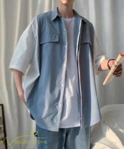 シャツ | ライトアウター メンズ ワイドカジュアル 切り替え トップス ゆったり 5分袖 韓国風 カッコウイイ ゆる夏コーデ オーバーサイズ 大きいサイズ