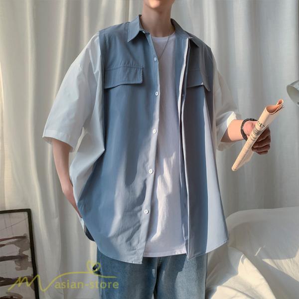 シャツ | ライトアウター メンズ ワイドカジュアル 切り替え トップス ゆったり 5分袖 韓国風 カッコウイイ ゆる夏コーデ オーバーサイズ 大きいサイズ