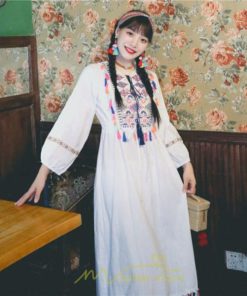 マキシ | ワンピース レディース ロング丈 マキシ丈 長袖 パーティー 白 赤 黄色 青 綿麻 二次会 謝恩会 同窓会 服装 カジュアル 刺繍 40代 夏 30代 20代 秋 50代