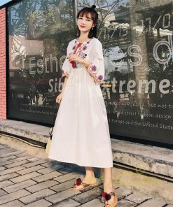 マキシ | ワンピース 半袖 夏物 レディース 秋服 綿麻 刺繍 フレアスリーブ ロングワンピース ミモレ丈 五分袖 ウエストゴム 大人 30代40代 Aラインワンピ リボン付き