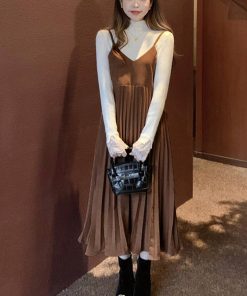 ロングスカート | ロングワンピース シンプル 無地 重ね着 フェミニン フレアキャミワンピ 着やせ レディース キャミソールワンピース プリーツ