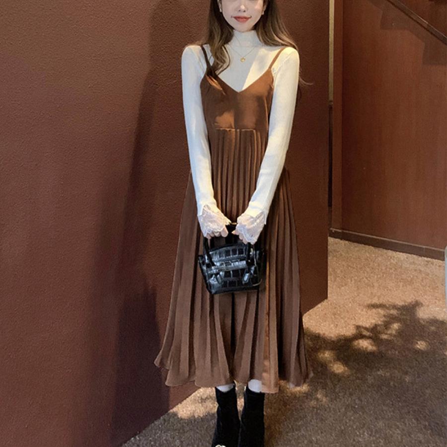 ロングスカート | ロングワンピース シンプル 無地 重ね着 フェミニン フレアキャミワンピ 着やせ レディース キャミソールワンピース プリーツ