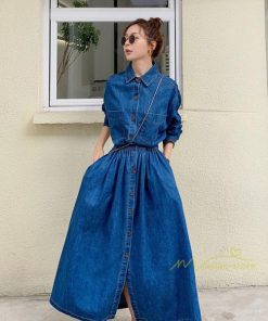 マキシ | ワンピース デニムワンピース 長袖 シャツワンピース デニムシャツ ジャケット 前開き 無地 Aラインワンピ ロングワンピ 可愛い 20代30代40代 ワンピ スリム