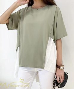 シャツ・ブラウス | ブラウス 夏服 レディース 半袖 五分袖 トップス 切り替え フェイク シフォン 涼感 通気性 無地 可愛い 女っぽい ゆったり 50代60代 大人 揺れる 30代40代