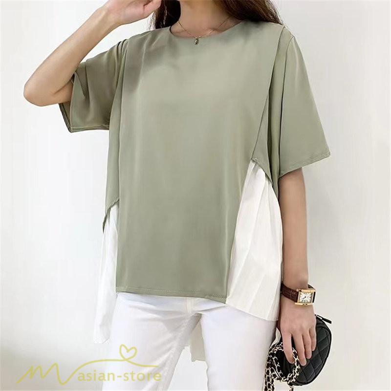 シャツ・ブラウス | ブラウス 夏服 レディース 半袖 五分袖 トップス 切り替え フェイク シフォン 涼感 通気性 無地 可愛い 女っぽい ゆったり 50代60代 大人 揺れる 30代40代