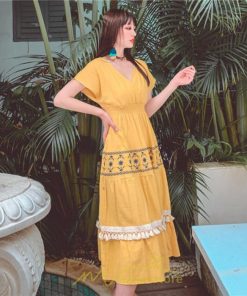 マキシ | ワンピース エスニック 綿麻 エスニックファッション 春ワンピ 夏ワンピ コットン リネン かわいい おしゃれ ハイウエスト バカンス 刺繍 Vネック リゾート 旅行