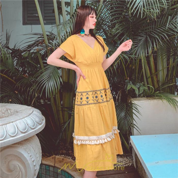 マキシ | ワンピース エスニック 綿麻 エスニックファッション 春ワンピ 夏ワンピ コットン リネン かわいい おしゃれ ハイウエスト バカンス 刺繍 Vネック リゾート 旅行