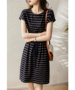 ミディアム | ワンピース レディース 夏服 綿ワンピース Aライン クルーネック 半袖 コットン おしゃれ キレイめ ウエストリボン付き 膝丈 ボーダー