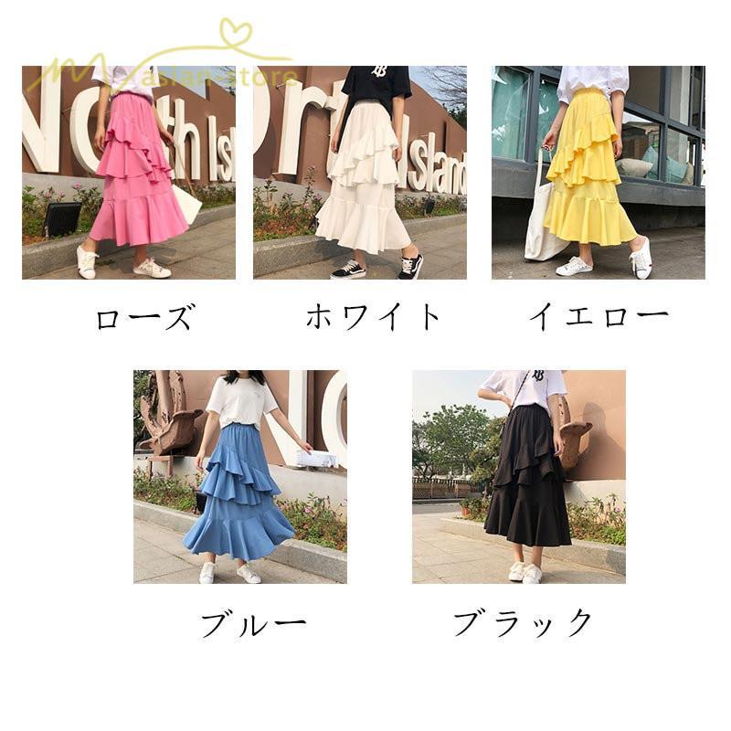 スカート | Aライン フレア裾 不規則アシンメトリー シフォン 韓国風 ティアード フリーサイズ 2020夏コーデ プリーツフレア ウエストゴム ハイウエスト