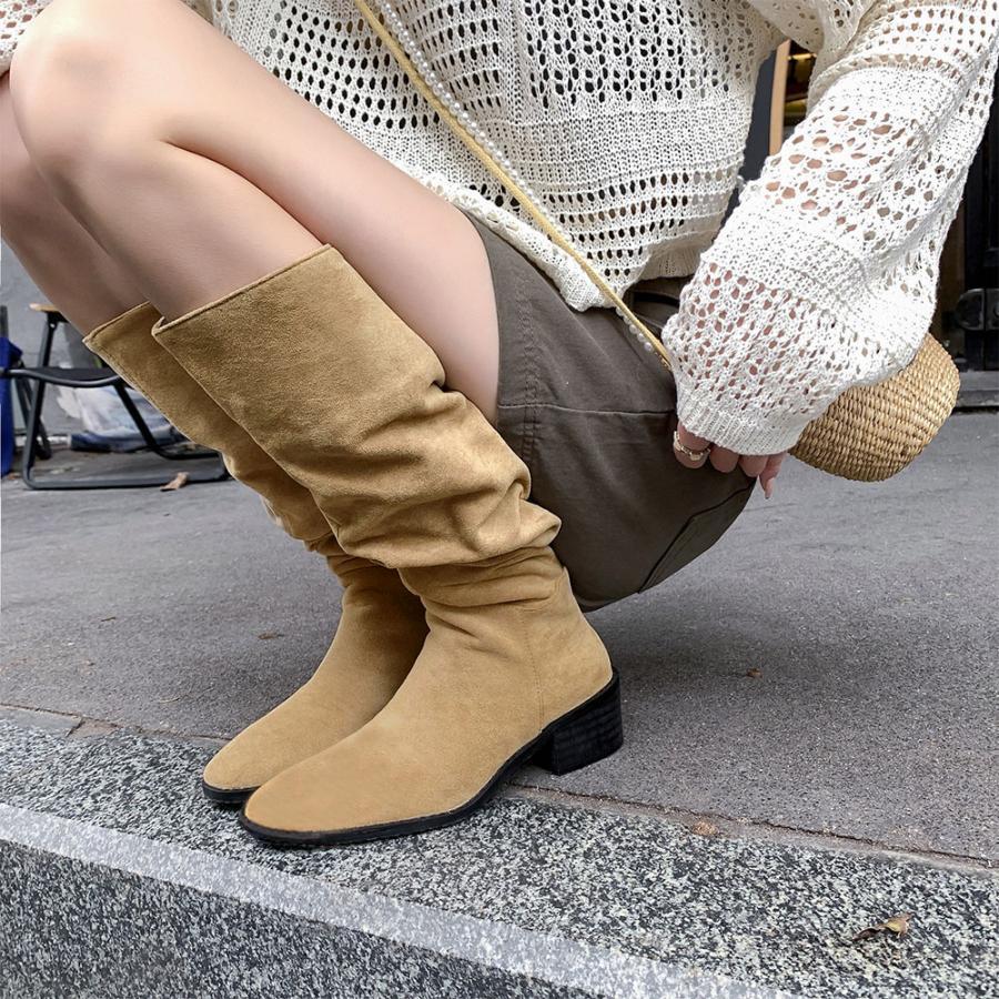 ニーハイブーツ | スエード調 ジョッキーブーツ ローヒール