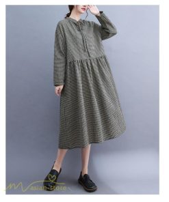 ミディアム | ワンピース ゆるワンピース レディース チェック柄 ゆったり 秋コーデ 着痩せ 体型カバー 可愛い 長袖ワンピース 大きいサイズ ポケット ひざ丈