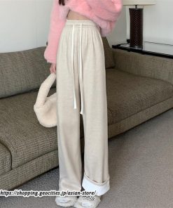 ワイドパンツ | ニットパンツ レディース 綿パンツ リブニット 秋冬 裏起毛 暖かい ロングパンツ ウエストゴム 春 パンツ シンプル 無地 ボトムス 部屋着 ズボン
