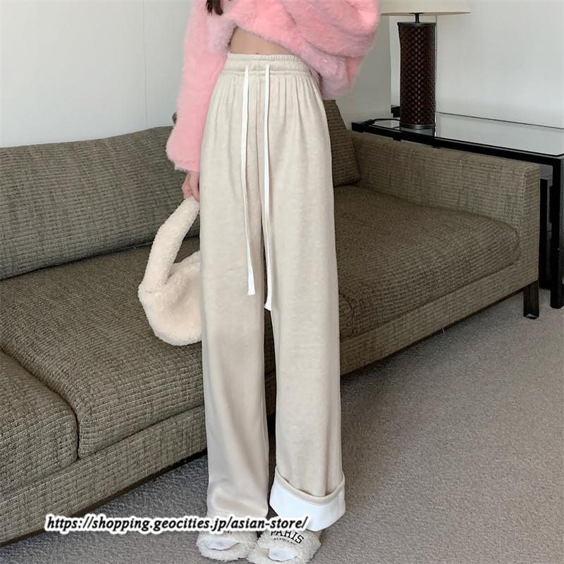 ワイドパンツ | ニットパンツ レディース 綿パンツ リブニット 秋冬 裏起毛 暖かい ロングパンツ ウエストゴム 春 パンツ シンプル 無地 ボトムス 部屋着 ズボン