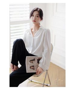 シャツ・ブラウス | ブラウス レディース シャツ トップス Vネック 長袖シャツ 無地 オフィス カジュアル おしゃれ 秋 冬 コーデ 高級感 シフォン エレガント 緑 白 通勤