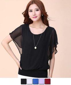 シャツ・ブラウス | レディース シフォンブラウス 半袖 無地 ラウンドネック ドルマンスリーブ トップス