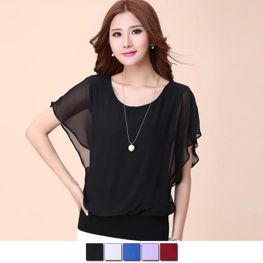 シャツ・ブラウス | レディース シフォンブラウス 半袖 無地 ラウンドネック ドルマンスリーブ トップス