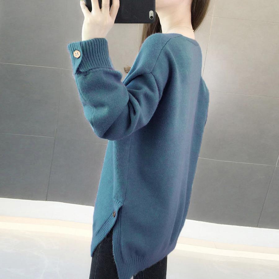 ニット・セーター | Vネック ニット ニットトップス プルオーバー 無地 ニットセーター スリット入り 秋冬 ニットソー レディース