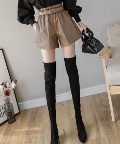 ショートパンツ | ワイド秋冬 レディース PUレザー キュロットパンツ ベルト付き ハイウエスト ウエストゴム
