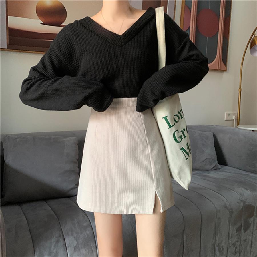 タイトスカート | ミニスリット入り Aラインスカート コーデュロイ ハイウエスト 台形美脚 スカート