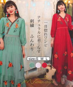 マキシ | ワンピース レディース 長袖 きれいめ ロング丈 マキシ丈 大人 リラックス 花柄 Aライン 着痩せ ハイウエスト リゾート 旅行 Vネック 体型カバー フェミニン