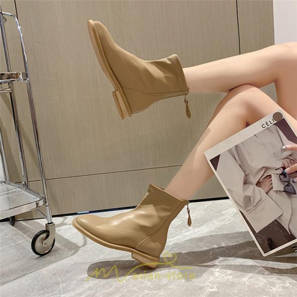 ショートブーツ | ブーツ レディース グランドトゥ 痛くない 歩きやすい 疲れない 滑りにくい 履きやすい ブラック オフホワイト カーキ ブラウン 22.5cm-25cm 黒