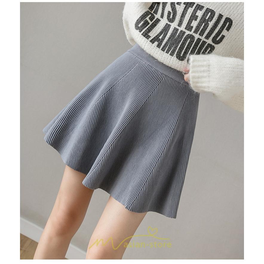 スカート | レディース ボトムス ミニ丈 ひざ上 ウエストゴム 楽ちん ゆったり ニット 秋冬 韓国風 Aライン フレア デート 着痩せ 可愛い お出かけ 脚長効果