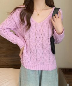 ニット・セーター | ケーブル編みニットトップス Vネック春秋