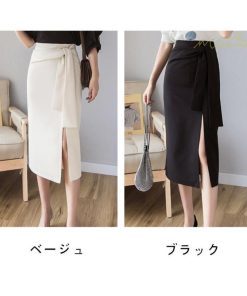スカート | 夏 膝丈 セクシースリット タイト無地 大人 リボン 可愛い オフィス 30代40代50代 夏服 サマースカート しっかり
