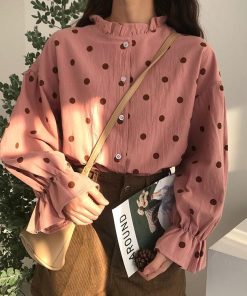 シャツ・ブラウス | 長袖ブラウス レディースシャツ 春物 夏服 羽織り 前開き 可愛い ドット柄 フレア トップス 綿麻 女の子 20代30代