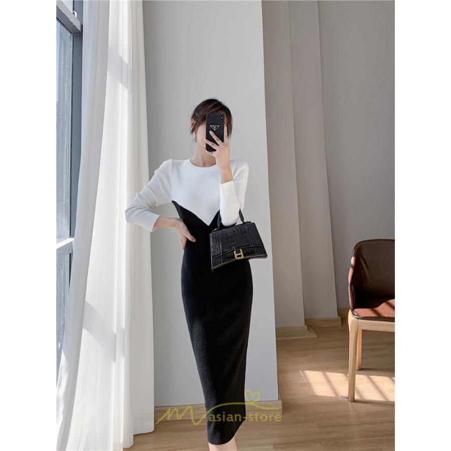 ニットワンピース | ワンピース 秋 秋服 レディース ニット ロングワンピース ロング 長袖 冬 冬服 タイト 切り替え 着痩せ お出かけ 韓国風 20代30代40代50代 通勤 2022新作