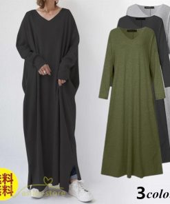 マキシ | ワンピース 長袖 無地 Tシャツワンピース レディース 着痩せ ゆったり マキシワンピ Vネック カジュアル 体型カバー Aラインワンピース 秋 フレア カジュアル