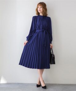 マキシ | ワンピースプリーツワンピース ロングフレアシフォンワンピース 二次会 ドレス 無地長袖リゾート ウエストリボン付き 通学通勤 エレガント M S L XL 可愛い