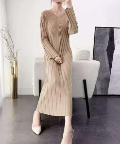 ワンピース | ニット秋冬 レディース ミモレワンピ きれいめ 膝丈下 Vネック フェミニン 長袖リブニット
