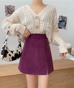 タイトスカート | ミニスリット入り Aラインスカート コーデュロイ ハイウエスト 台形美脚 スカート