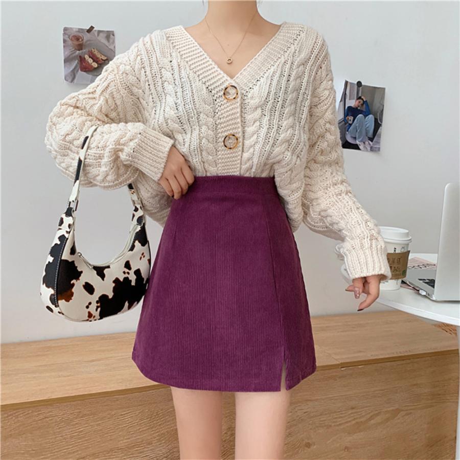 タイトスカート | ミニスリット入り Aラインスカート コーデュロイ ハイウエスト 台形美脚 スカート