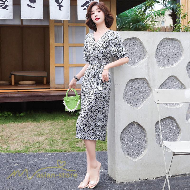 ミディアム | ワンピース レディース 着痩せ 花柄 Vネック 半袖 膝丈 サマーワンピース きれいめ エレガント 30代 40代 50代 大人 春 薄手 ひざ丈 お出かけ 上品 夏 デート