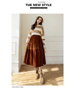 スカート | ロングティアードAラインミモレ丈 フレアビロードウエストゴム ハイウエスト 秋冬 無地 ゆったり