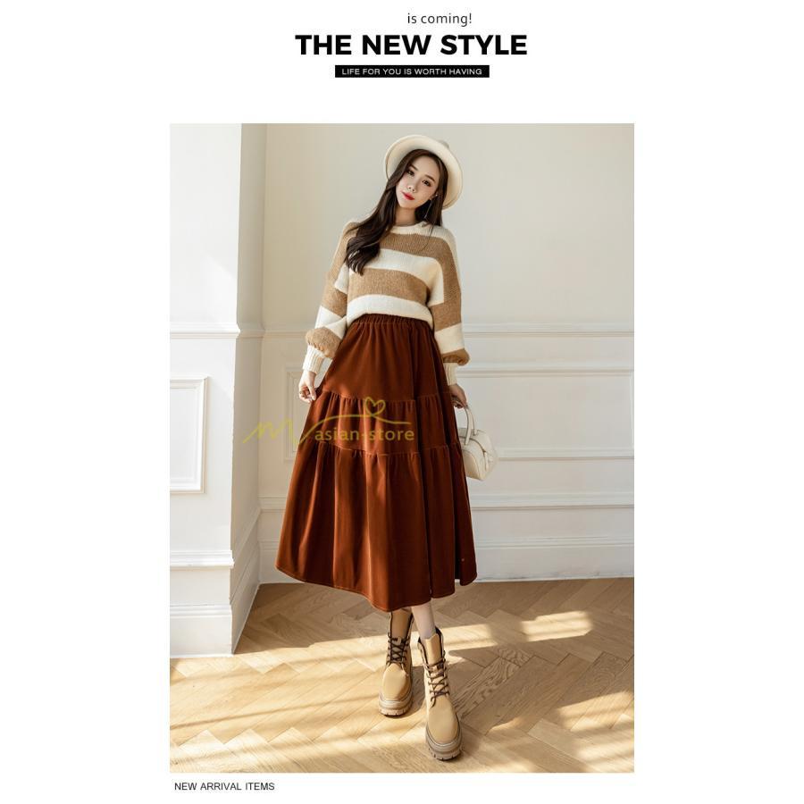 スカート | ロングティアードAラインミモレ丈 フレアビロードウエストゴム ハイウエスト 秋冬 無地 ゆったり