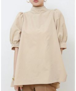 シャツ・ブラウス | ブラウス レディース 半袖 パフスリーブ ノーカラー ハイネック リボン 後ろリボン フォーマル 春夏 2way フレア 20代30代40代50代 通勤通学 蝶結び エレガント