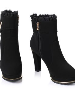 ショートブーツ | スエードブーツ レディース 切替 レース ラウンドトゥ 厚底シューズ チャンキーヒール 太ヒール 厚底 ミドルヒール サイドファスナー 黒