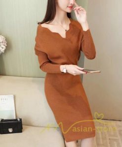 在庫ある | 短納期ニットワンピース 膝丈ワンピース タイトワンピース 長袖 インナー カットソー Vネック エレガント 着痩せ シルエット ビジネスオフィスフォーマル